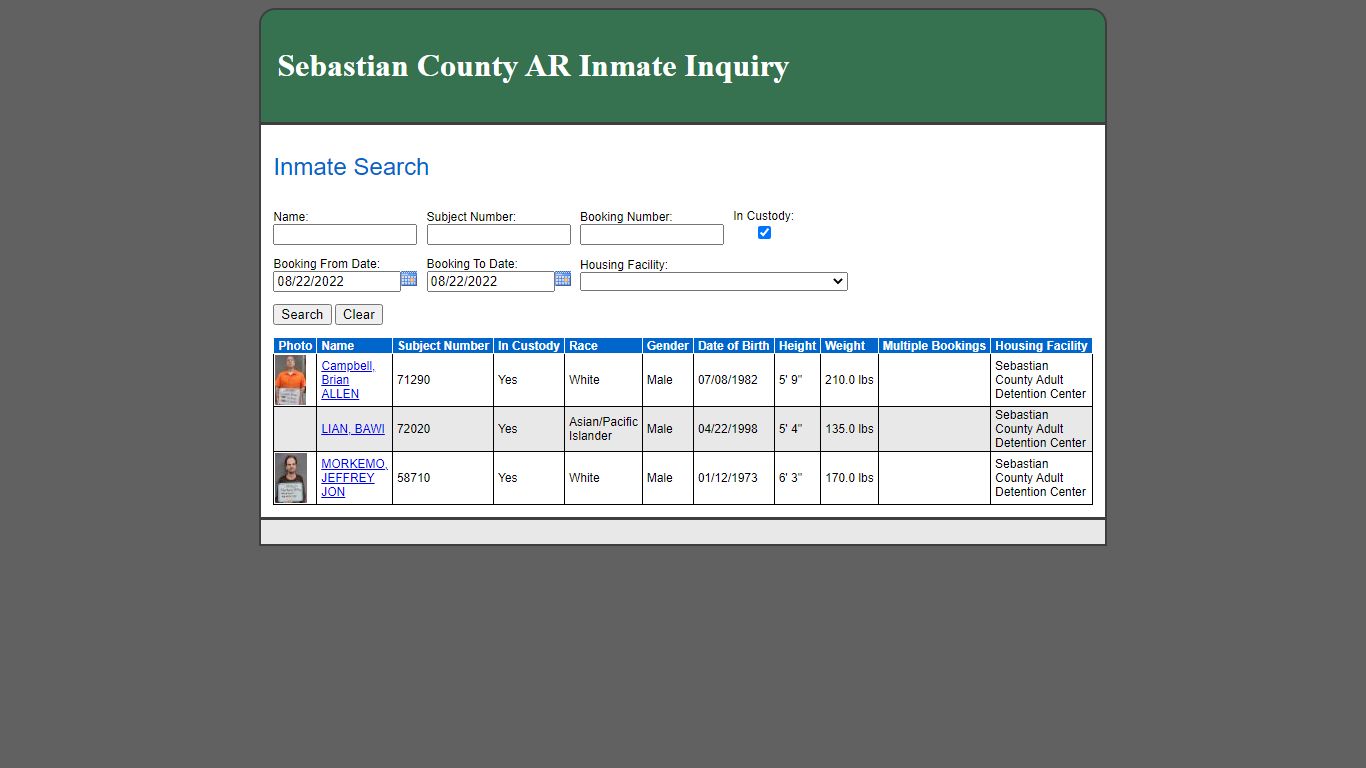 Inmate Search - Sebastian County, Arkansas